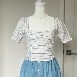 Free People Rose Garden Puff Sleeve Crop Top White with Black Stripe